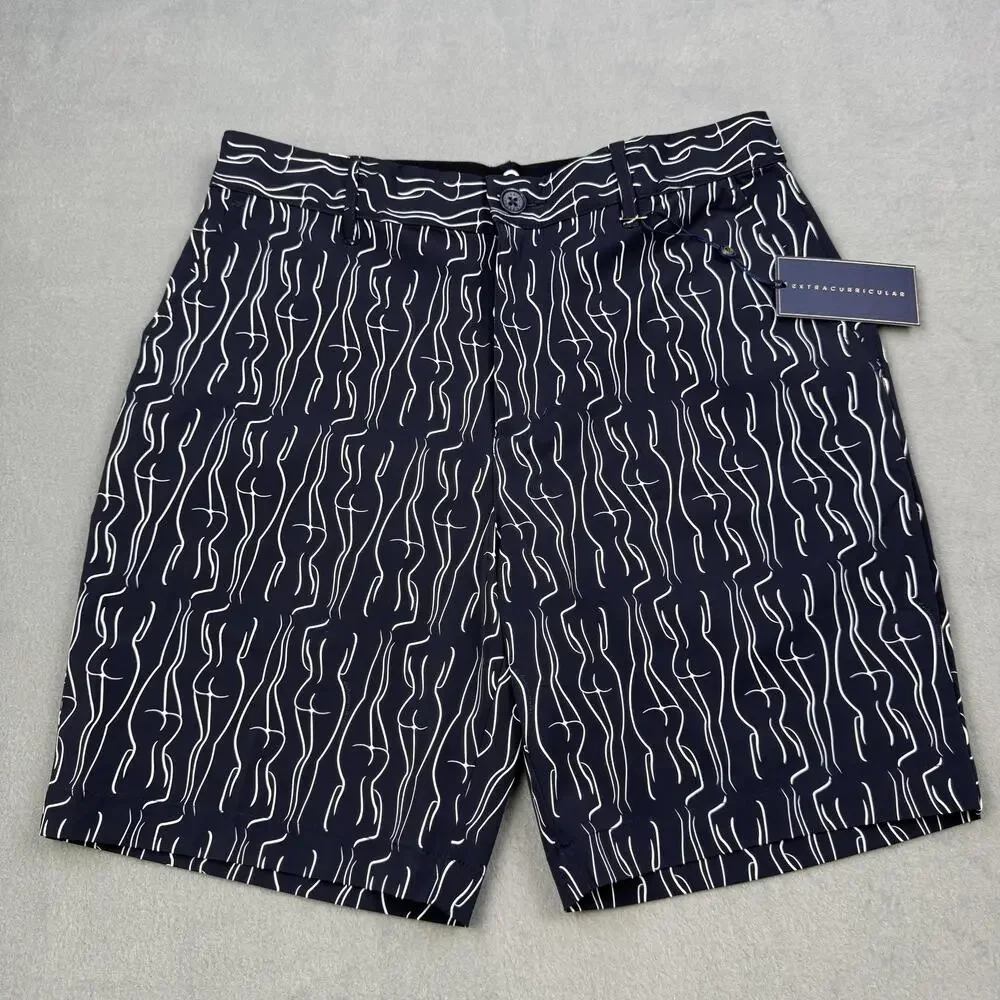 Extracurricular Chauncey Shorts Mens 30 Navy White Print Chino Golf Stretch